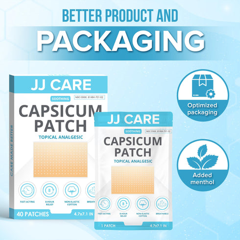 JJ CARE Capsicum Patch (40 PCS), 4.7" x 7.1" Soothing Capsaicin Patch, Capsicum Patches for Neck, Shoulder, Muscle Soreness- 8 Hours Relief